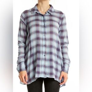 Free People Shirt Womens 0 Blue Purple Plaid Button Down 100% Cotton Lightweight
